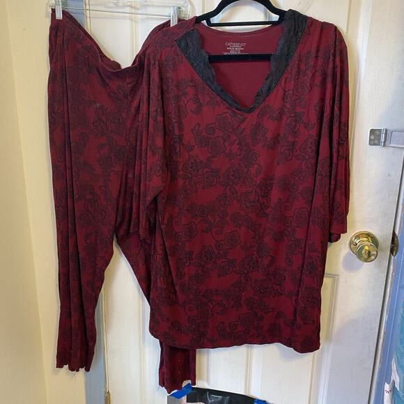 Catherines Sleepwear Set 1X(18/20W) Red Wine Black Floral Soft Knit Top & Pants - Picture 1 of 10